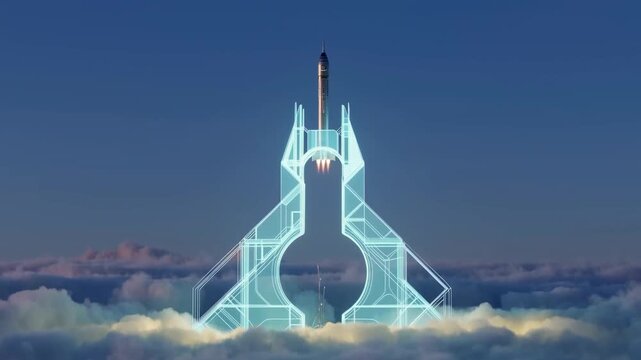 Rocket Ascending Through Clouds Beside a Glowing Wireframe Structure in the Sky