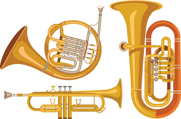 Fototapeta premium Vector collection of classic brass wind instruments featuring a detailed French horn, large tuba, and traditional trumpet isolated on white background