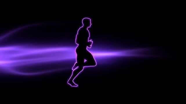 Neon runner jogging through purple light trails against a dark abstract background