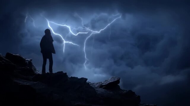 Silhouetted Person Stands on Rocky Cliff as Lightning Flashes Through Dark Storm Clouds