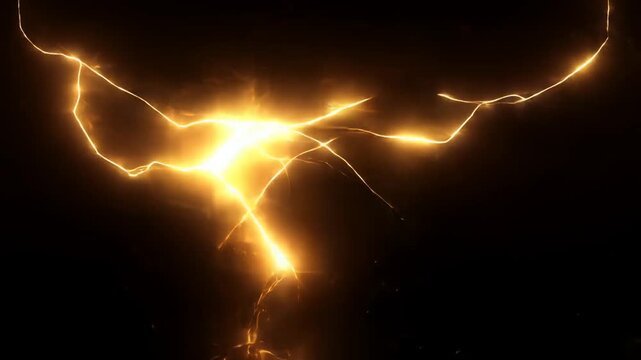Golden electric discharges and lightning bolts, branching out and glowing against a black background