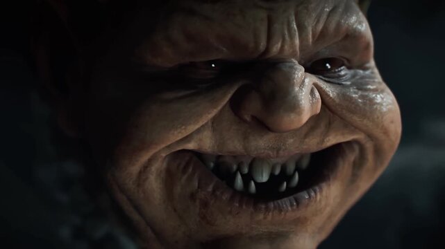 Fantasy creature slowly bares sharp teeth in an intense close-up against a dark background