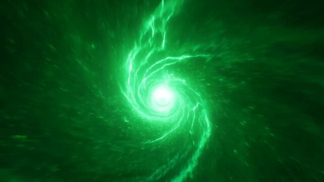 Glowing green vortex swirling with luminous particles and electric arcs in an abstract dark space