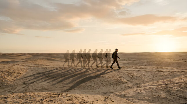 Man walking in desert with motion blur effect at sunset