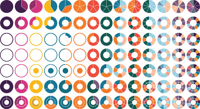 Pie chart set. Circle pie chart infographics. Pizza part slice graph vector diagram. Round wheel divide into equal segments.