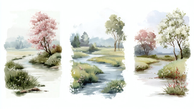 Dreamy watercolor scenes of winding rivers flowing through green meadows, flowering trees, soft skies, and peaceful countryside landscapes in fresh spring colors