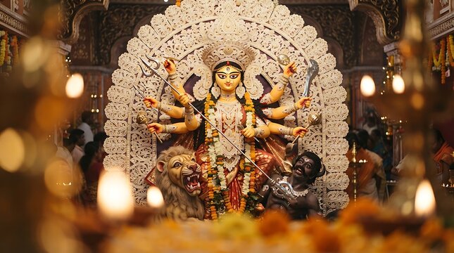 Traditional idol of goddess durga defeating demon mahishasura during durga puja pandal