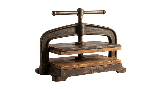 Vintage antique wooden hand press machine with intricate metal handle, showcasing classic publishing house tools, ideal for editorial design inspiration and historical printing concept projects