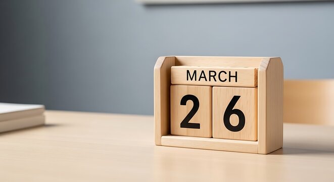 Wooden calendar block displaying march 26 date on a desk