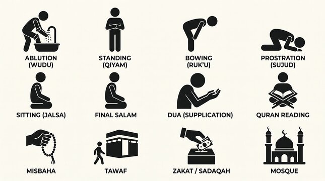 Islamic prayer steps icon set, 12 black pictogram symbols for wudu namaz sujud qiyam ruku, Muslim worship guide infographics