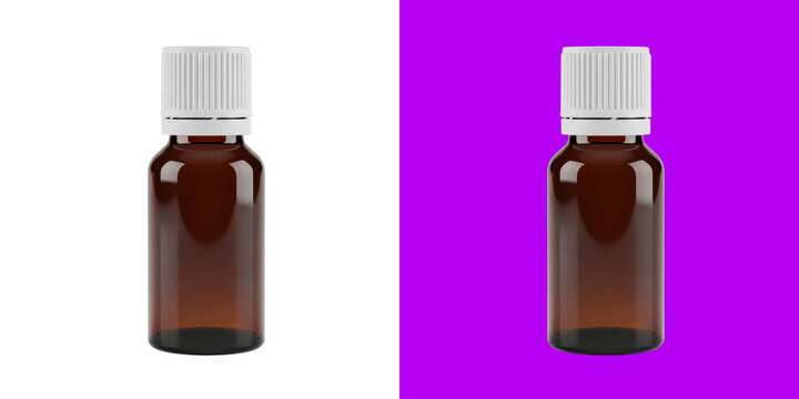 Small brown glass medicine dropper bottle with a white ribbed cap 3D render transparent png