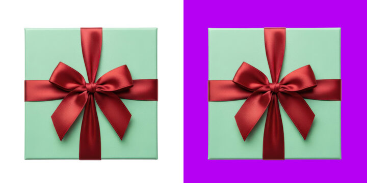 Square light green gift box with a shiny red ribbon bow top view flat lay transparent png