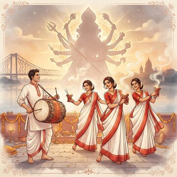 Illustration of durga puja celebration with traditional dance and music in kolkata