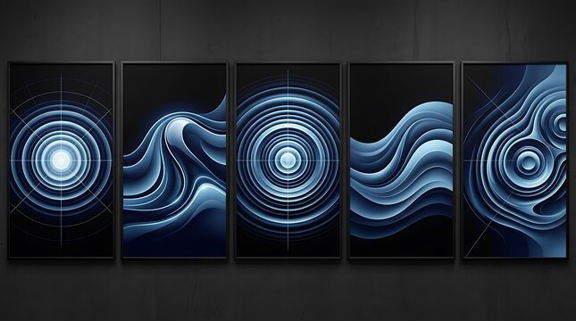 Stunning pentaptych abstract dark blue framed wall art showcasing glowing concentric circles and fluid futuristic wave patterns for modern interior decoration.
