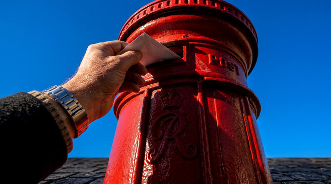 Man hand dropping a letter into a classic British red mailbox under a clear blue sky on world post day