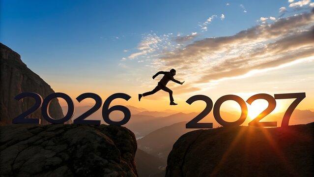 Silhouette of a runner leaping between the years two thousand twenty six and two thousand twenty seven