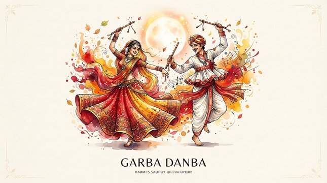Couple performing garba dance with dandiya sticks during navratri festival