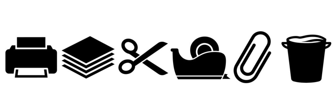 Office equipment icons set including printer scissors and paper clip