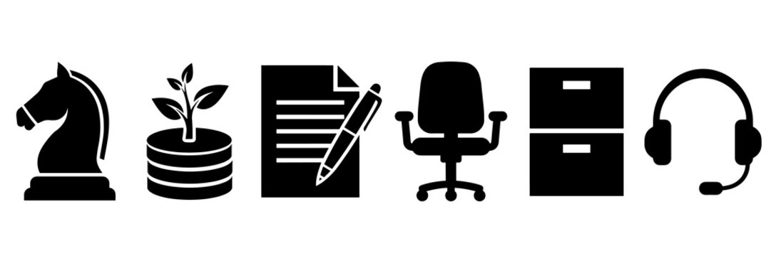 Professional office management icons showing growth and communication