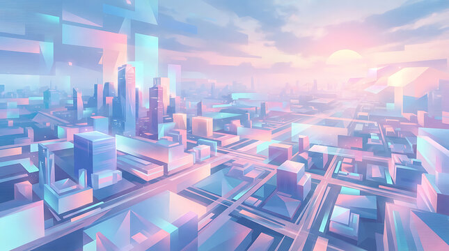 Abstract futuristic city landscape with pastel colors and glowing sunset light