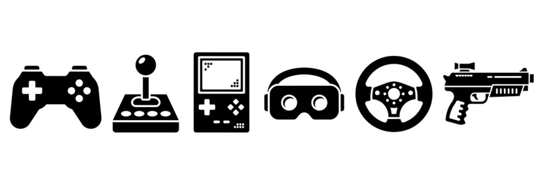 Retro and modern video game controllers vector icons set in black
