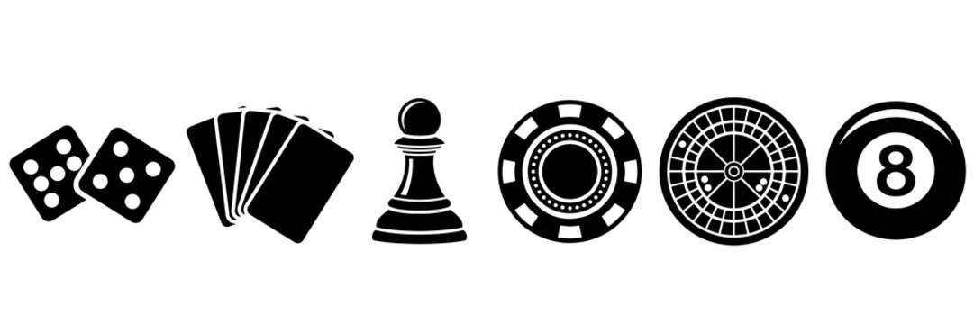 Casino gambling icons featuring cards chips dice and roulette wheel assets