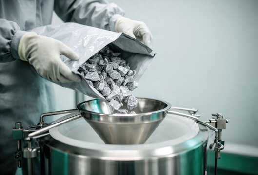 Technician pouring raw mineral chunks into stainless steel industrial funnel.
