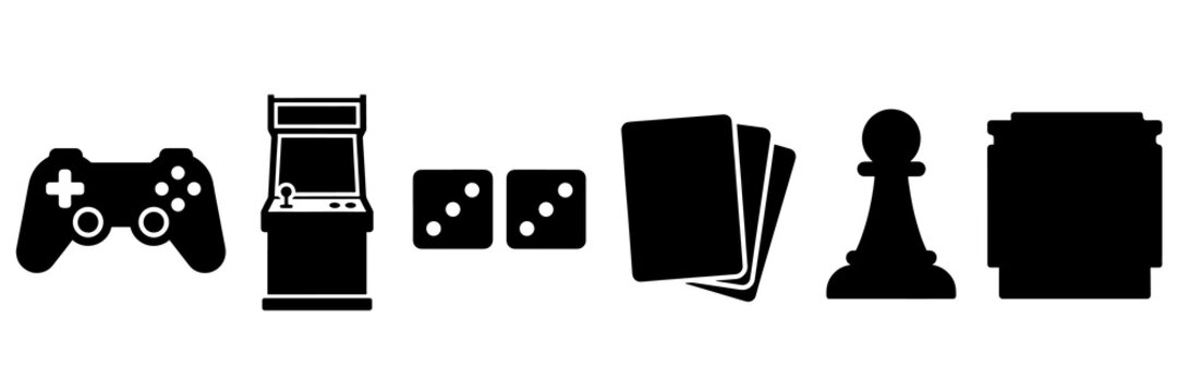 Gaming leisure icons set black silhouettes for digital entertainment app