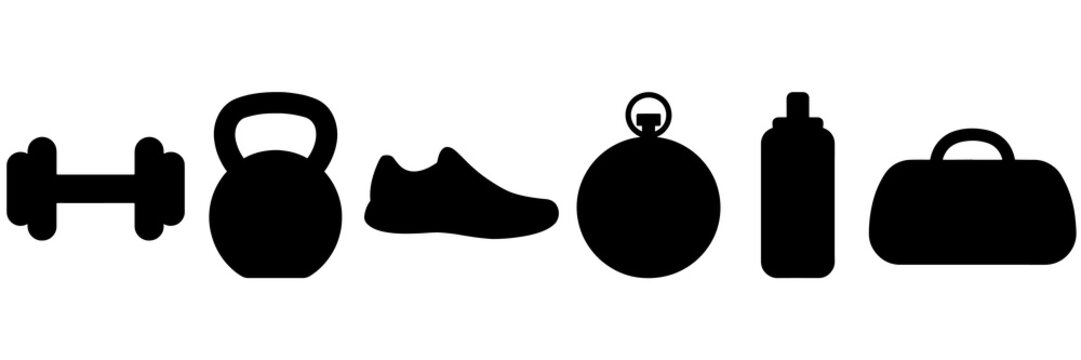 Fitness equipment icons black silhouettes for gym training lifestyle app