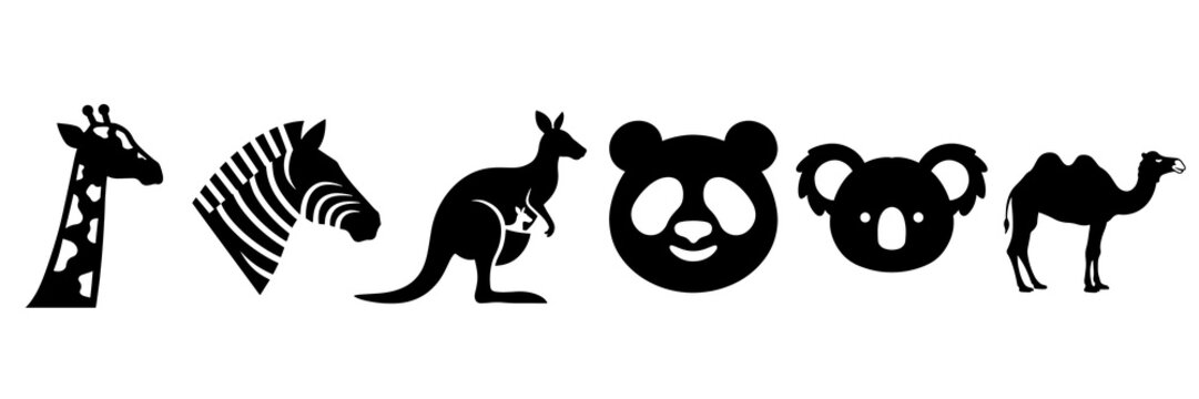 Wild exotic animals black silhouette icon set on transparent backdrop