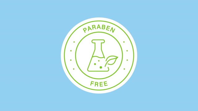 Paraben-free cosmetic safety sticker animation with a green laboratory flask on a transparent background. Chemical-free cosmetic ingredient. Seamless animated icon. 4K video overlay isolated element.
