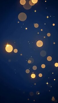 Vertical triptych of golden bokeh lights and sparkling particles drifting upward on a deep blue background, glowing orbs and twinkling stars.