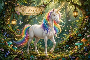 Fototapeta premium Mythical Unicorn in Enchanted Fantasy Forest Setting