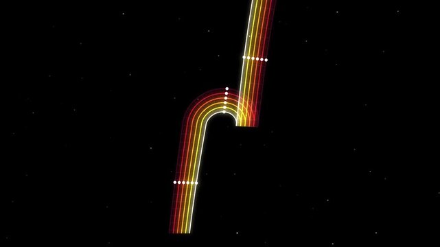 Abstract neon light trail forming a uturn shape against a dark starry background