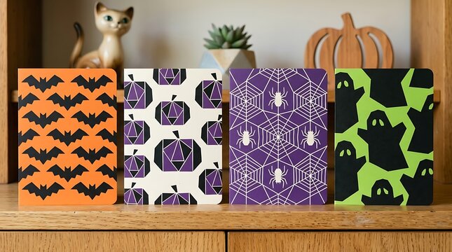 Four colorful Halloween notebooks with geometric patterns featuring bats, pumpkins, spiderwebs, and ghosts