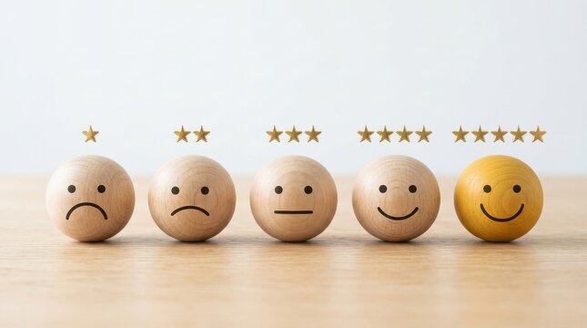 Smiley faces with star ratings on wooden spheres