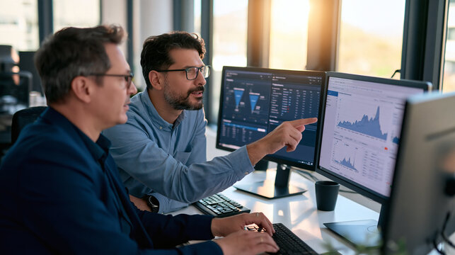 Data Analysis Duo: Two analysts meticulously examine financial data on computer monitors, their focused expressions reflecting a deep dive into market trends and investment strategies.