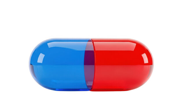 Red and blue pill capsule with split halves