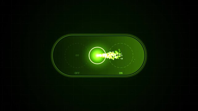 Digital toggle switch ui animation, futuristic green glowing on-off button interface for technology and software applications