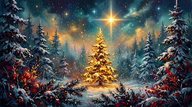 Glowing golden christmas tree in magical snowy winter forest under bright shining star of bethlehem night sky holiday celebration greeting background