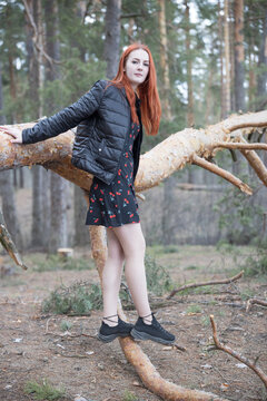Young woman with red hair stands in a forest