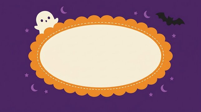 Halloween orange frame with cute ghost and bat on purple background