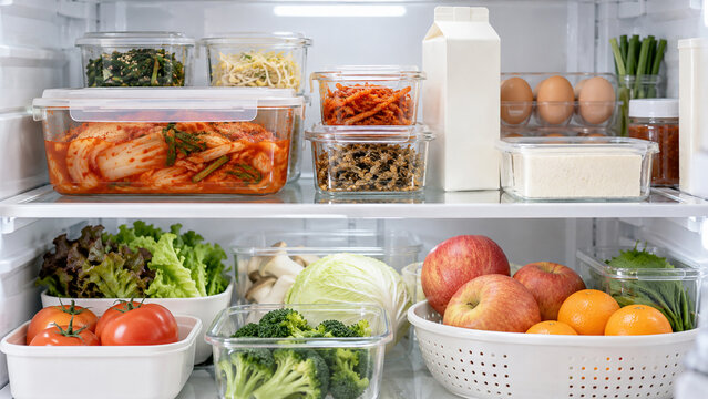 Organized refrigerator filled with fresh vegetables, fruit, eggs, tofu, milk and Korean kimchi in glass containers for healthy meal prep and food storage