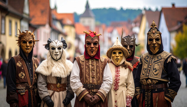 Narrenzunft group in matching carved masks and regional costumes standing proudly before historic town generative AI
