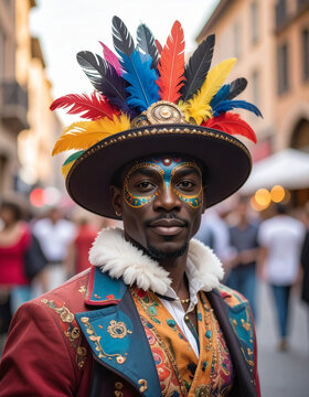 Guggenmusik performer in colourful painted mask and feathered hat on blurred festive street generative AI