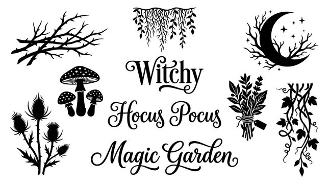 Black and white mystical witchy elements silhouette set with moon, branches, and herbs