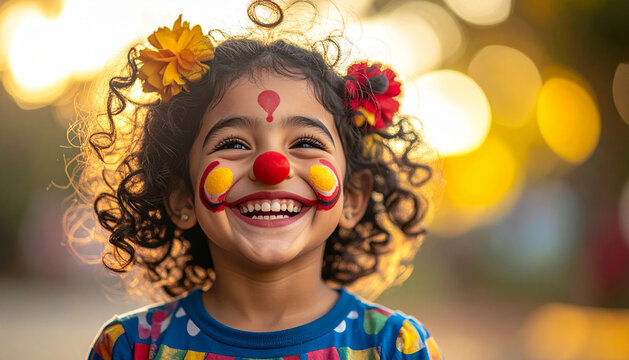 Child with colourful clown face painting and red painted nose laughing joyfully in festive light generative AI