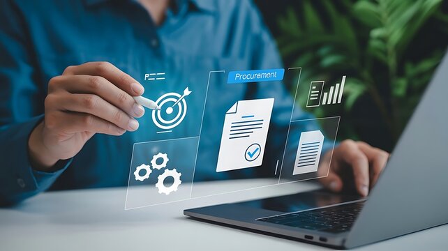 Digital procurement and contract management system on laptop with business automation technology and strategic planning process icons