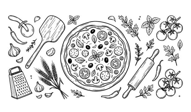 Italian Pizza Pizzeria Doodle Banner with Ingredients and Kitchen Tools