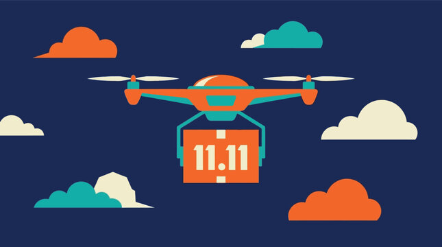 Modern delivery drone carrying 11.11 sale package, autonomous quadcopter shipping parcel in night sky, flat vector illustration for shopping festival